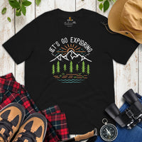Hiking Retro Mountain Themed T-Shirt - Let's Go Exploring Boho Shirt - Gift for Outdoorsy Camper & Hiker, Nature Lover, Wanderlust - Black