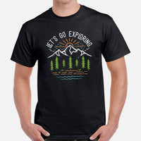 Hiking Retro Mountain Themed T-Shirt - Let's Go Exploring Boho Shirt - Gift for Outdoorsy Camper & Hiker, Nature Lover, Wanderlust - Black, Men