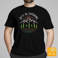 Hiking Retro Mountain Themed T-Shirt - Let's Go Exploring Boho Shirt - Gift for Outdoorsy Camper & Hiker, Nature Lover, Wanderlust - Black, Plus Size