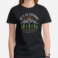 Hiking Retro Mountain Themed T-Shirt - Let's Go Exploring Boho Shirt - Gift for Outdoorsy Camper & Hiker, Nature Lover, Wanderlust - Black, Women