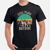 Hiking Retro Sunset Mountain Themed T-Shirt - Gift for Outdoorsy Camper & Hiker, Nature Lover, Wanderlust - Still Plays Outside Shirt - Black, Men