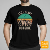 Hiking Retro Sunset Mountain Themed T-Shirt - Gift for Outdoorsy Camper & Hiker, Nature Lover, Wanderlust - Still Plays Outside Shirt - Black, Plus Size