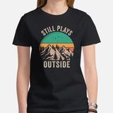 Hiking Retro Sunset Mountain Themed T-Shirt - Gift for Outdoorsy Camper & Hiker, Nature Lover, Wanderlust - Still Plays Outside Shirt - Black, Women