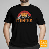 Hiking Retro Sunset Mountain Themed T-Shirt - Ideal Gift for Outdoorsy Camper & Hiker, Nature Lover, Wanderlust - I'd Hike That Shirt - Black, Plus Size