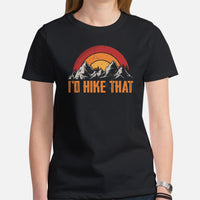 Hiking Retro Sunset Mountain Themed T-Shirt - Ideal Gift for Outdoorsy Camper & Hiker, Nature Lover, Wanderlust - I'd Hike That Shirt - Black, Women