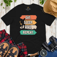 Camping & Hiking Shirt - Presents, Gift Ideas for Hikers, Nature Lovers - Happy Campers Tee Shirt - 80s Retro Eat Sleep Hike Repeat T-Shirt - Black