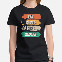 Camping & Hiking Shirt - Presents, Gift Ideas for Hikers, Nature Lovers - Happy Campers Tee Shirt - 80s Retro Eat Sleep Hike Repeat T-Shirt - Black, Women