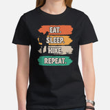 Camping & Hiking Shirt - Presents, Gift Ideas for Hikers, Nature Lovers - Happy Campers Tee Shirt - 80s Retro Eat Sleep Hike Repeat T-Shirt - Black, Women