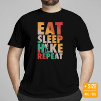 Camping & Hiking Shirt - Presents, Gift Ideas for Hikers, Campers, Nature Lovers - Happy Camper Shirt - Retro Eat Sleep Hike Repeat T-Shirt - Black, Plus Size