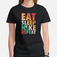 Camping & Hiking Shirt - Presents, Gift Ideas for Hikers, Campers, Nature Lovers - Happy Camper Shirt - Retro Eat Sleep Hike Repeat T-Shirt - Black, Women