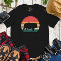 Hippo 80s Retro Sunset Aesthetic T-Shirt - Pygmy Hippopotamus, River Horse, Semi-Aquatic Mammal Shirt - Gift for Hippo & Animal Lovers - Black