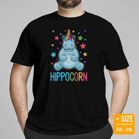 Hippo & Unicorn T-Shirt - Hippopotamus Shirt - Gifts for Outdoorsmen, Hunters, Campers, Nature & Animal Lovers - Cute Hippocorn T-Shirt - Black, Plus Size