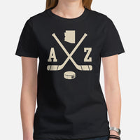 Hockey Game Outfit & Attire - Bday & Christmas Gift Ideas for Hockey Players & Goalies - Retro Arizona Hockey Emblem Fanatic T-Shirt - Black, Women