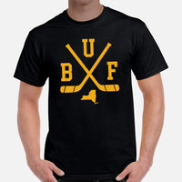 Hockey Game Outfit & Attire - Bday & Christmas Gift Ideas for Hockey Players & Goalies - Retro Buffalo Hockey Emblem Fanatic T-Shirt - Black, Men