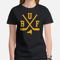 Hockey Game Outfit & Attire - Bday & Christmas Gift Ideas for Hockey Players & Goalies - Retro Buffalo Hockey Emblem Fanatic T-Shirt - Black, Women
