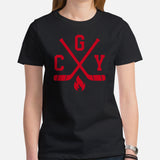 Hockey Game Outfit & Attire - Bday & Christmas Gift Ideas for Hockey Players & Goalies - Retro Calgary Hockey Emblem Fanatic T-Shirt - Black, Women