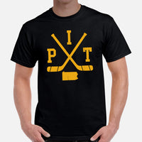 Hockey Game Outfit & Attire - Bday & Christmas Gift Ideas for Hockey Players & Goalies - Retro Pittsburgh Hockey Emblem Fanatic Shirt - Black, Men