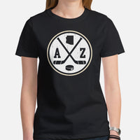 Hockey Game Outfit & Attire - Bday & Christmas Gift Ideas for Hockey Players & Goalies - Vintage Arizona Hockey Emblem Fanatic T-Shirt - Black, Women