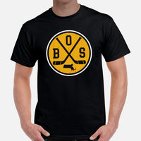 BOS Shirt - Boston T-Shirt - MA Shirt - Hockey Tee - Hockey T-Shirt - Game Day Shirt - Retro Hockey Shirt - Gift for Hockey Player & Lover - Black, Men