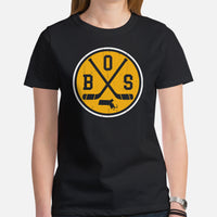 BOS Shirt - Boston T-Shirt - MA Shirt - Hockey Tee - Hockey T-Shirt - Game Day Shirt - Retro Hockey Shirt - Gift for Hockey Player & Lover - Black, Women