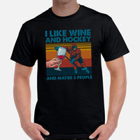 Hockey Game Outfit & Attire - Bday & Christmas Gifts for Hockey Players & Wine Lovers - Funny I Like Hockey & Wine & Maybe 3 People Tee - Black, Men