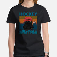 Hockey Game Outfit & Attire - Ideal Bday & Christmas Gifts for Hockey Players, Cat Lovers - Funny Hockey Because Murder Is Wrong Shirt - Black, Women