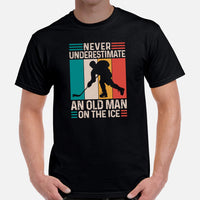 Hockey Game Outfit & Attire - Ideal Bday & Christmas Gifts for Hockey Players - Funny Never Underestimate An Old Man On The Ice T-Shirt - Black, Men