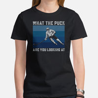 Hockey Game Outfit & Attire - Ideal Bday & Christmas Gifts for Hockey Players - Funny WTF What The Puck Are You Looking At T-Shirt - Black, Women