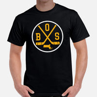 BOS Shirt - Boston T-Shirt - MA Shirt - Hockey Tee - Ice Hockey Shirt - Game Day Shirt - Vintage Hockey T-Shirt - Gift for Hockey Player - Black, Men
