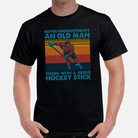 Hockey Game Outfit & Attire - Ideal Bday & Christmas Gifts for Hockey Players - Never Underestimate An Old Man With A Hockey Stick Tee - Black, Men