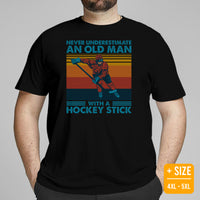 Hockey Game Outfit & Attire - Ideal Bday & Christmas Gifts for Hockey Players - Never Underestimate An Old Man With A Hockey Stick Tee - Black, Plus Size