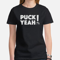 Hockey Game Outfit & Attire - Ideal Birthday & Christmas Gifts for Ice Hockey Players & Goalies - Vintage Puck Yeah Sarcastic T-Shirt - Black, Women