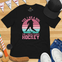 Hockey Jersey, Game Outfit & Attire - Bday & Christmas Gifts for Hockey Players & Goalies - Funny I'm A Girl I Speak Fluent Hockey Tee - Black