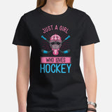 Hockey Jersey, Game Outfit & Attire - Bday & Christmas Gifts for Hockey Players & Goalies - Funny Just A Girl Who Loves Hockey T-Shirt - Black, Women