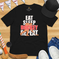 Hockey Tee - Ice Hockey Shirt - Game Day Shirt - Funny Hockey T-Shirt - Gift for Hockey Player & Lover - Eat Sleep Hockey Repeat T-Shirt - Black