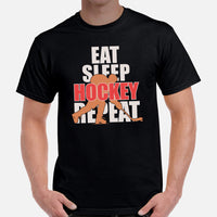Hockey Tee - Ice Hockey Shirt - Game Day Shirt - Funny Hockey T-Shirt - Gift for Hockey Player & Lover - Eat Sleep Hockey Repeat T-Shirt - Black, Men