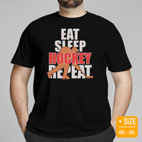 Hockey Tee - Ice Hockey Shirt - Game Day Shirt - Funny Hockey T-Shirt - Gift for Hockey Player & Lover - Eat Sleep Hockey Repeat T-Shirt - Black, Plus Size