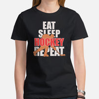 Hockey Tee - Ice Hockey Shirt - Game Day Shirt - Funny Hockey T-Shirt - Gift for Hockey Player & Lover - Eat Sleep Hockey Repeat T-Shirt - Black, Women