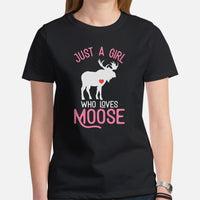 Hunting T-Shirt - Gift for Hunter, Bow Hunter, Archer & Animal Lover - Alaska Moose Lover Shirt - Just A Girl Who Loves Moose Shirt - Black