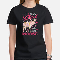 Hunting T-Shirt - Gift for Hunter, Bow Hunter, Archer & Animal Lover - Moose Lover Shirt - Just A Girl Who Loves Moose Floral Shirt - Black