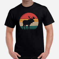 Hunting T-Shirt - Gift for Hunter, Bow Hunter, Archer & Animal Lover - Moose Lover Shirt - Moose 80s Retro Sunset Aesthetic T-Shirt - Black, Men