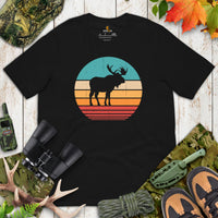 Hunting T-Shirt - Gift for Hunter, Bow Hunter, Archer & Animal Lover - Moose Lover Shirt - Moose Retro Sunset Aesthetic T-Shirt - Black