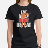 Hunting T-Shirt - Ideal Gift for Hunter, Bow Hunter, Archer - Duck, Buck & Deer Hunting Season Shirt - Eat Sleep Hunt Repeat Shirt - Black, Women