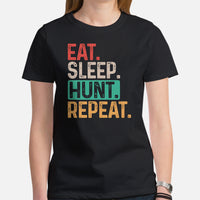 Hunting T-Shirt - Ideal Gift for Hunter, Bow Hunter & Archer - Hunting Season Shirt - Eat Sleep Hunt Repeat Retro Aesthetic Shirt - Black, Women