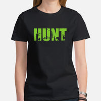 Hunting T-Shirt - Gifts for Hunters, Bow Hunters & Archers - Duck, Buck & Deer Hunting Season Tee - Hunt Retro Aesthetic Shirt - Black, Women