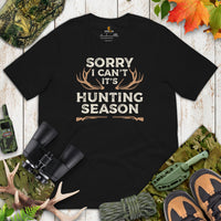 Hunting T-Shirt - Gifts for Hunters, Bow Hunters & Archers - Duck & Deer Hunting Season Tee - Sorry I Can't It's Hunting Season Shirt - Black