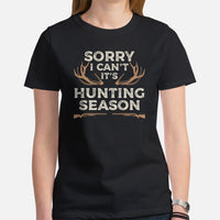 Hunting T-Shirt - Gifts for Hunters, Bow Hunters & Archers - Duck & Deer Hunting Season Tee - Sorry I Can't It's Hunting Season Shirt - Black, Women