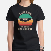I Like Bats And Maybe 3 People T-Shirt - Flying Fox Shirt - Night Shift Shirt - Gift for Bat & Animal Lover - Biology & Zoology Shirt - Black, Women