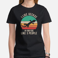 I Like Geckos & Maybe 3 People T-Shirt - Reptile Addict & Charm Shirt - Gift for Lizard Dad/Mom & Lovers - Amphibians, Lacertilia Shirt - Black, Women