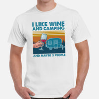 I Like Wine & Camping & Maybe 3 People T-Shirt - Wine Lover Shirt - Campervan Motorhome Shirt - Road Trip, Glamping, Overlanding Shirt - White, Men